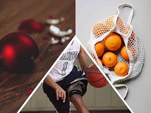 kerstbal stuk sinaasappels in een net basketbal